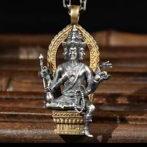 Hindu/Buddhist-Tantric Brahma Four Face Creator God Mixed Metal Necklace 1556